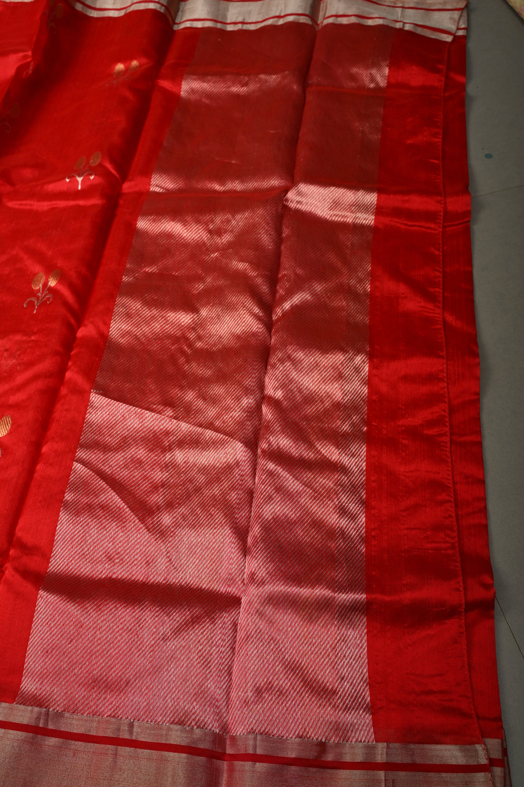 Red Chanderi Silk Saree with Sona Rupa Floral Zari Buttas and Tissue Border | SHOBITAM