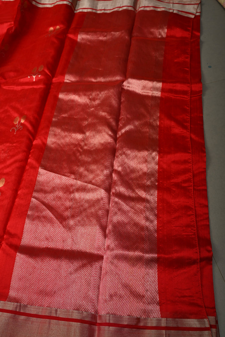 Red Chanderi Silk Saree with Sona Rupa Floral Zari Buttas and Tissue Border | SHOBITAM