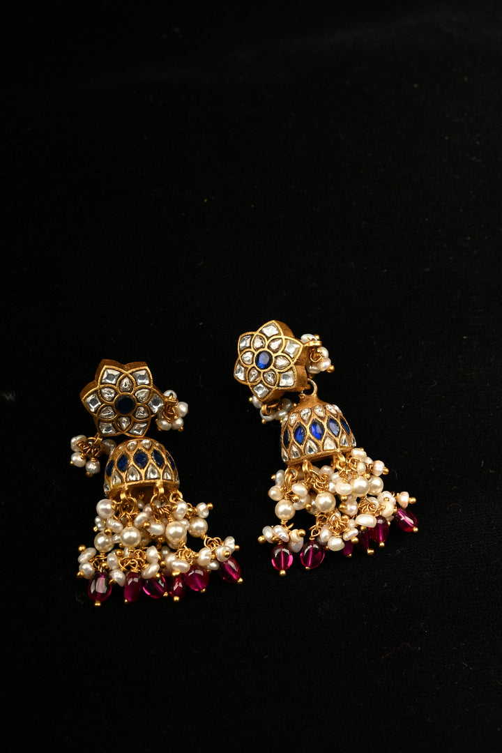Pure 92.5 Silver, 24kt Gold-Plated Royal Blue Meenakari Vintage-Style Floral Stud Jhumkas | SHOBITAM