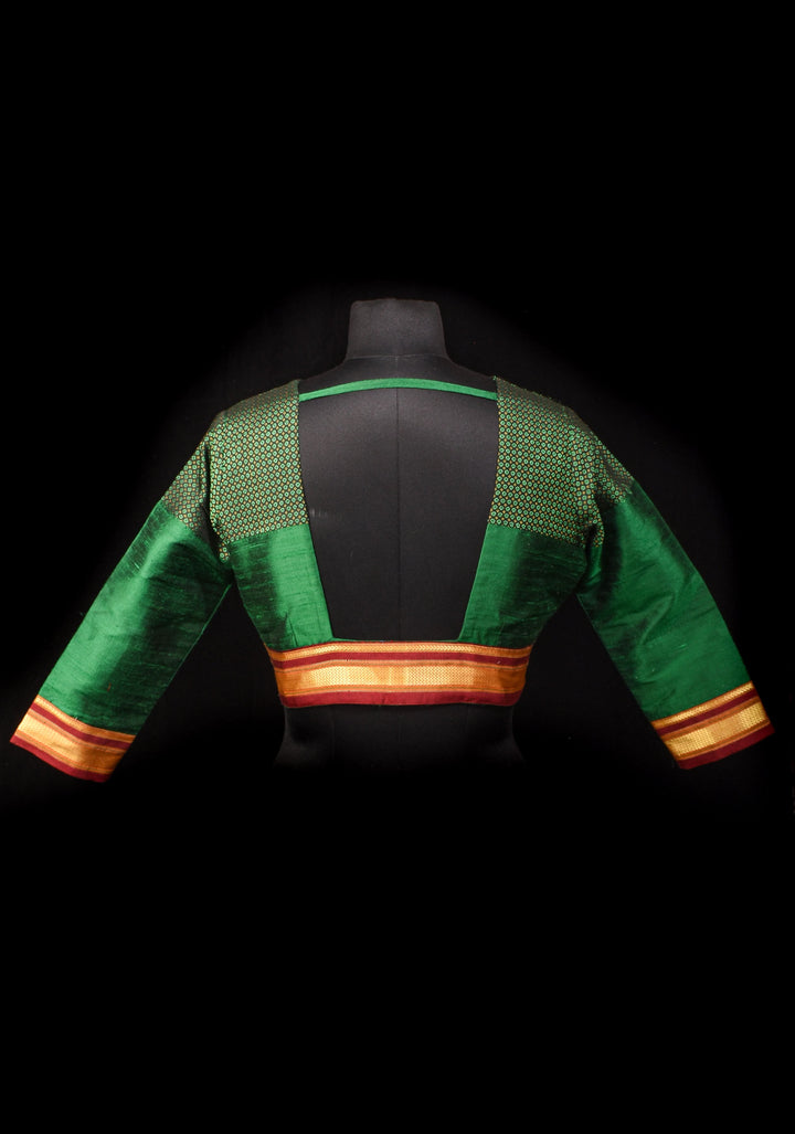 Emerald Green Pure Raw Silk Blouse with Plunge Neck and Khun detailing, Customizable, made to order