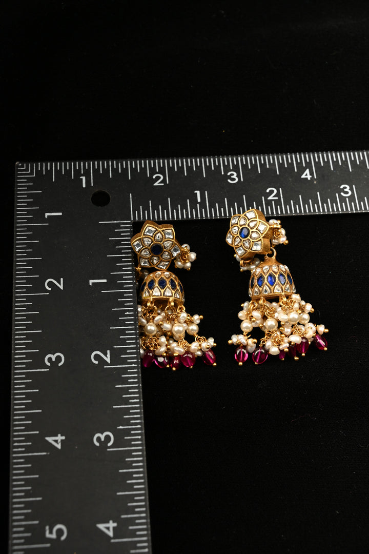 Pure 92.5 Silver, 24kt Gold-Plated Royal Blue Meenakari Vintage-Style Floral Stud Jhumkas | SHOBITAM