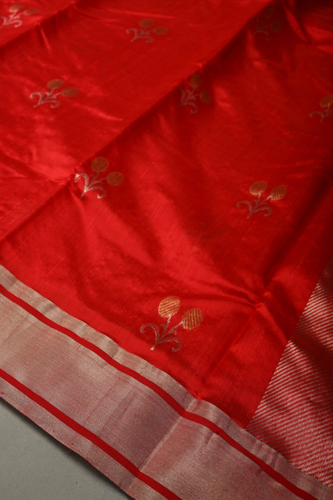 Red Chanderi Silk Saree with Sona Rupa Floral Zari Buttas and Tissue Border | SHOBITAM