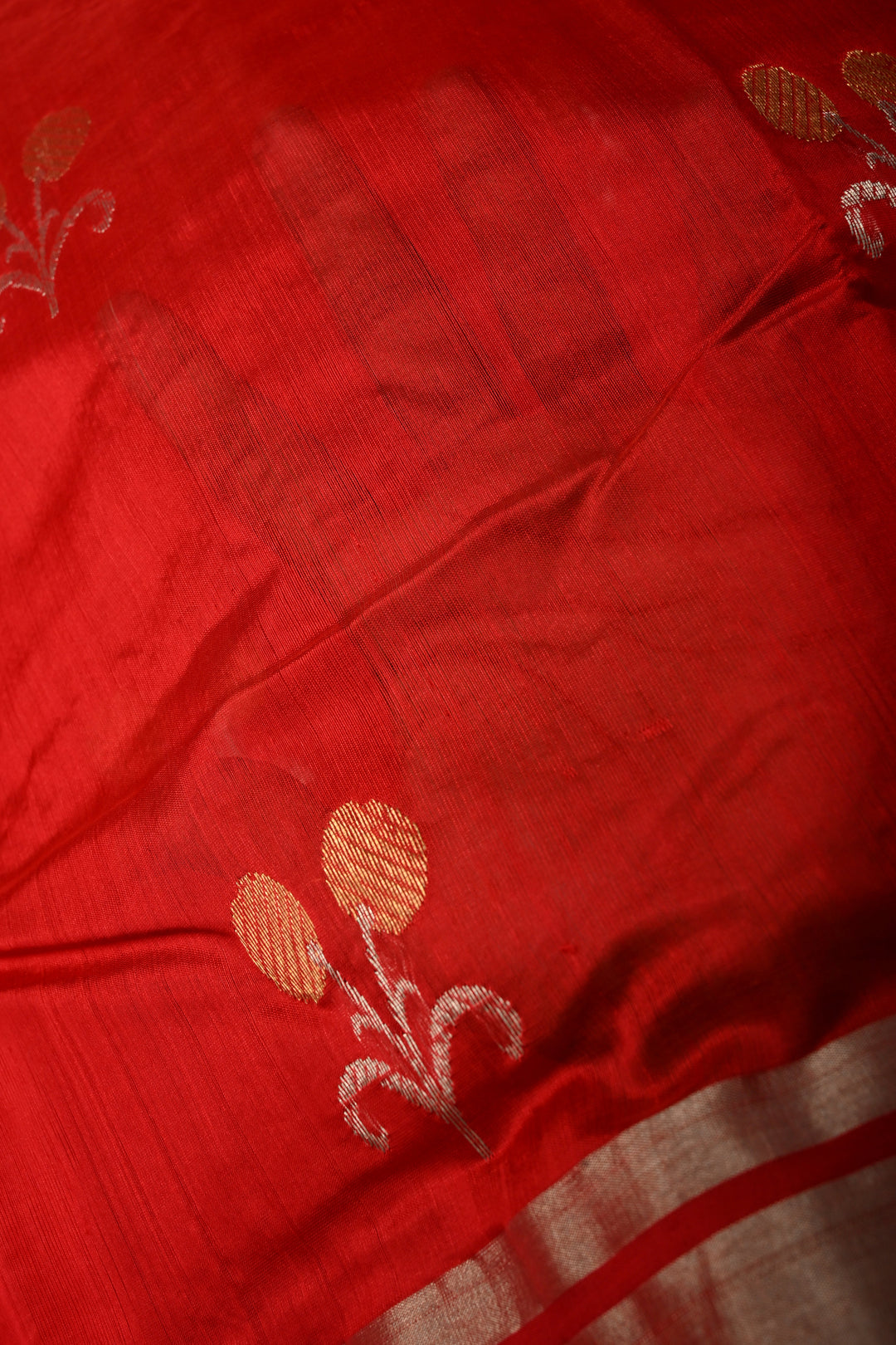 Red Chanderi Silk Saree with Sona Rupa Floral Zari Buttas and Tissue Border | SHOBITAM