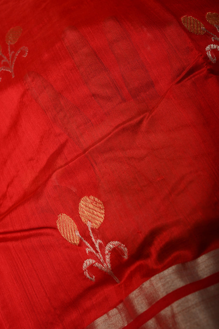 Red Chanderi Silk Saree with Sona Rupa Floral Zari Buttas and Tissue Border | SHOBITAM