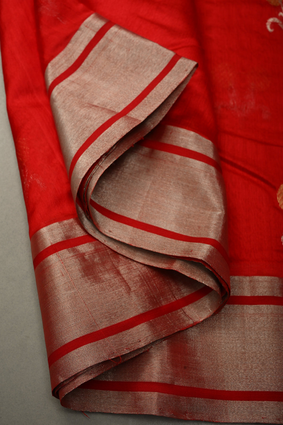 Red Chanderi Silk Saree with Sona Rupa Floral Zari Buttas and Tissue Border | SHOBITAM