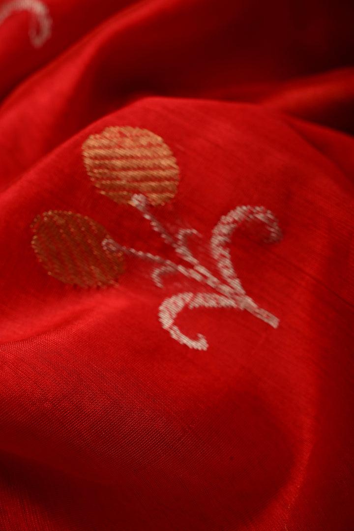 Red Chanderi Silk Saree with Sona Rupa Floral Zari Buttas and Tissue Border | SHOBITAM