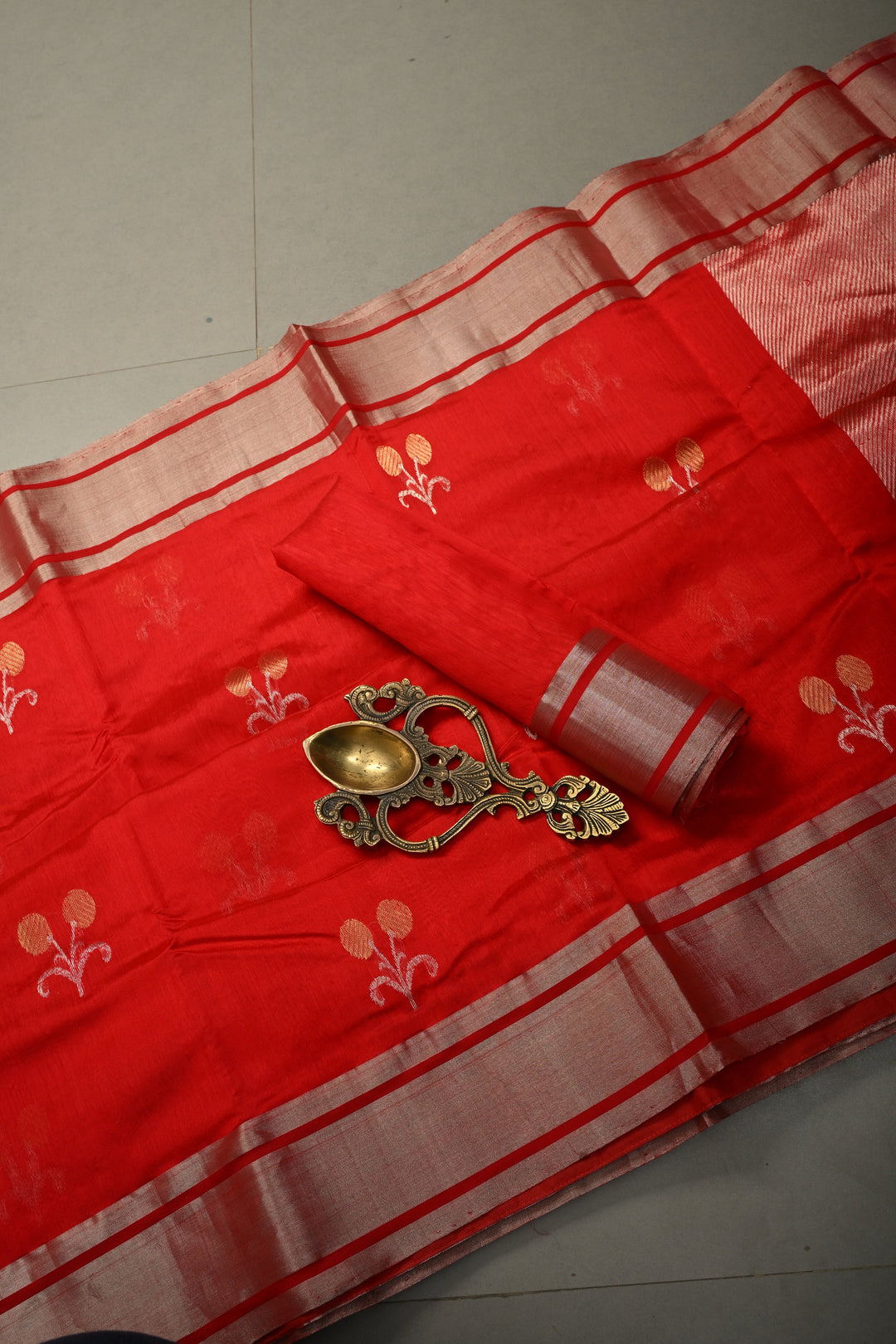 Red Chanderi Silk Saree with Sona Rupa Floral Zari Buttas and Tissue Border | SHOBITAM