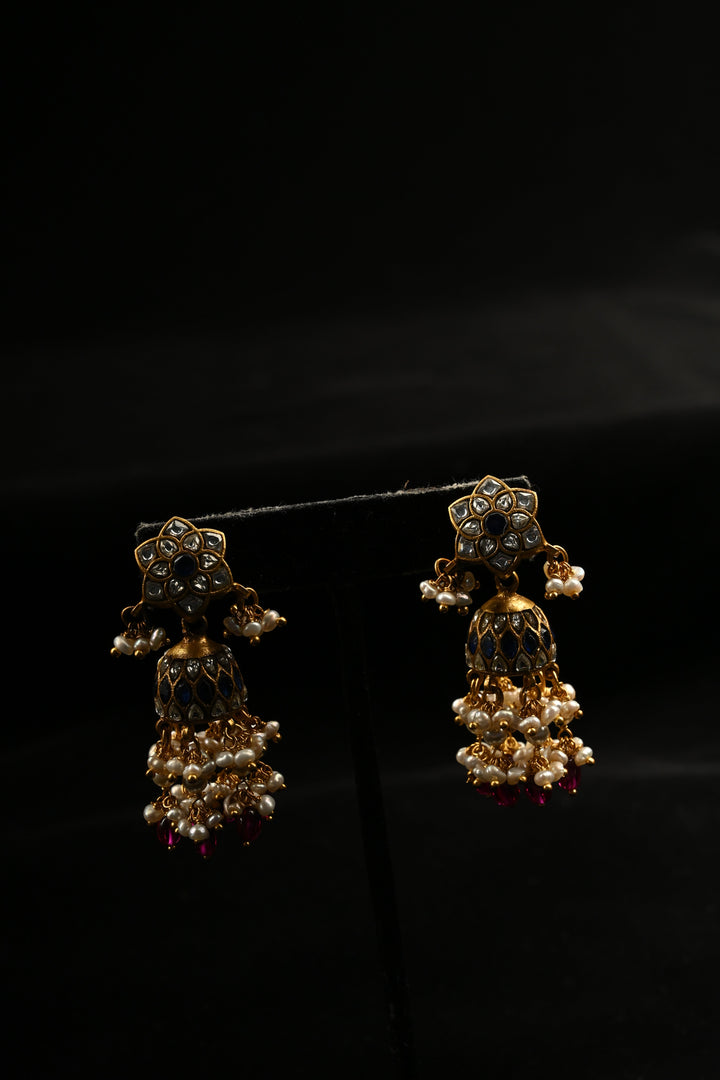 Pure 92.5 Silver, 24kt Gold-Plated Royal Blue Meenakari Vintage-Style Floral Stud Jhumkas | SHOBITAM