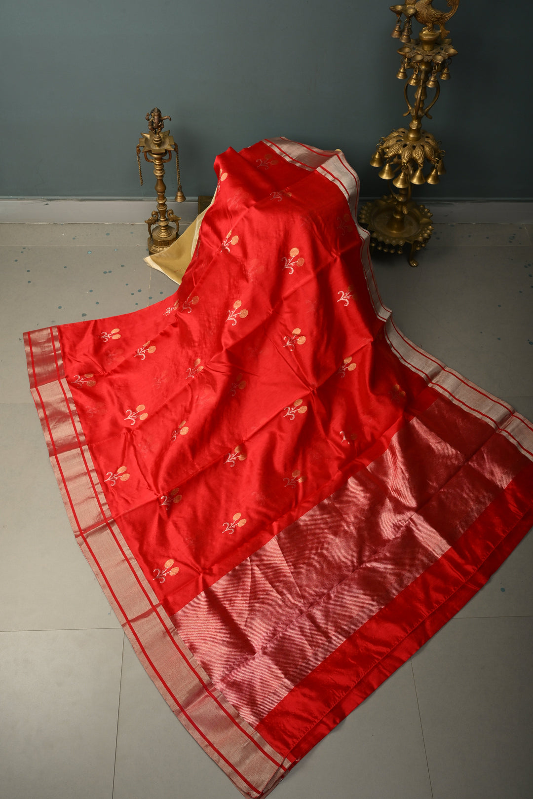 Red Chanderi Silk Saree with Sona Rupa Floral Zari Buttas and Tissue Border | SHOBITAM