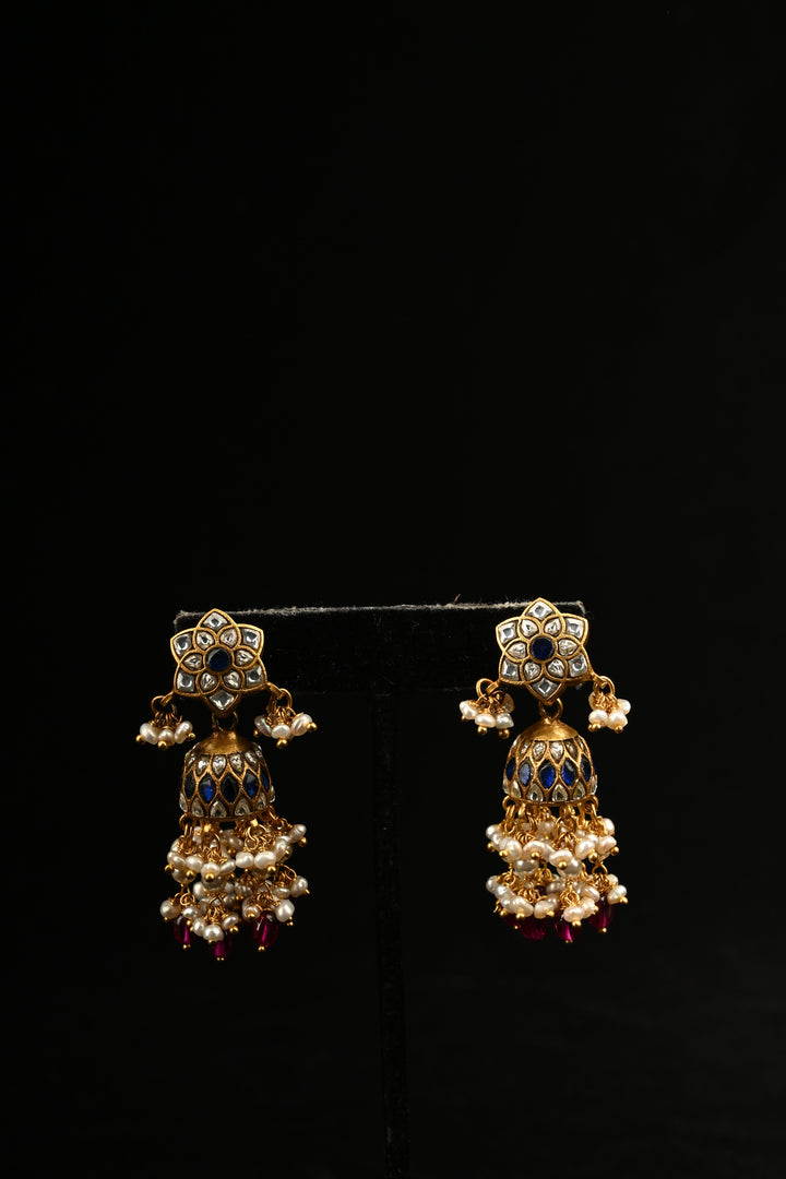 Pure 92.5 Silver, 24kt Gold-Plated Royal Blue Meenakari Vintage-Style Floral Stud Jhumkas | SHOBITAM