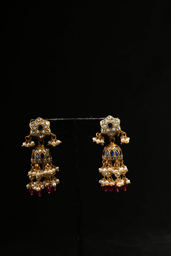 Pure 92.5 Silver, 24kt Gold-Plated Royal Blue Meenakari Vintage-Style Floral Stud Jhumkas | SHOBITAM
