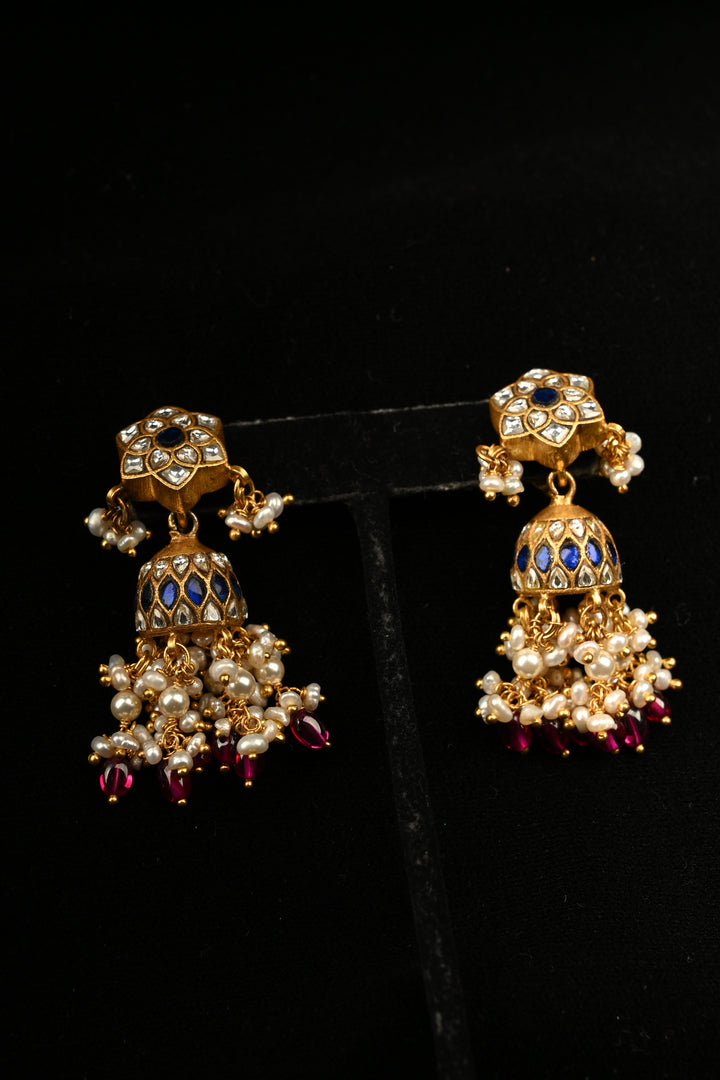 Pure 92.5 Silver, 24kt Gold-Plated Royal Blue Meenakari Vintage-Style Floral Stud Jhumkas | SHOBITAM
