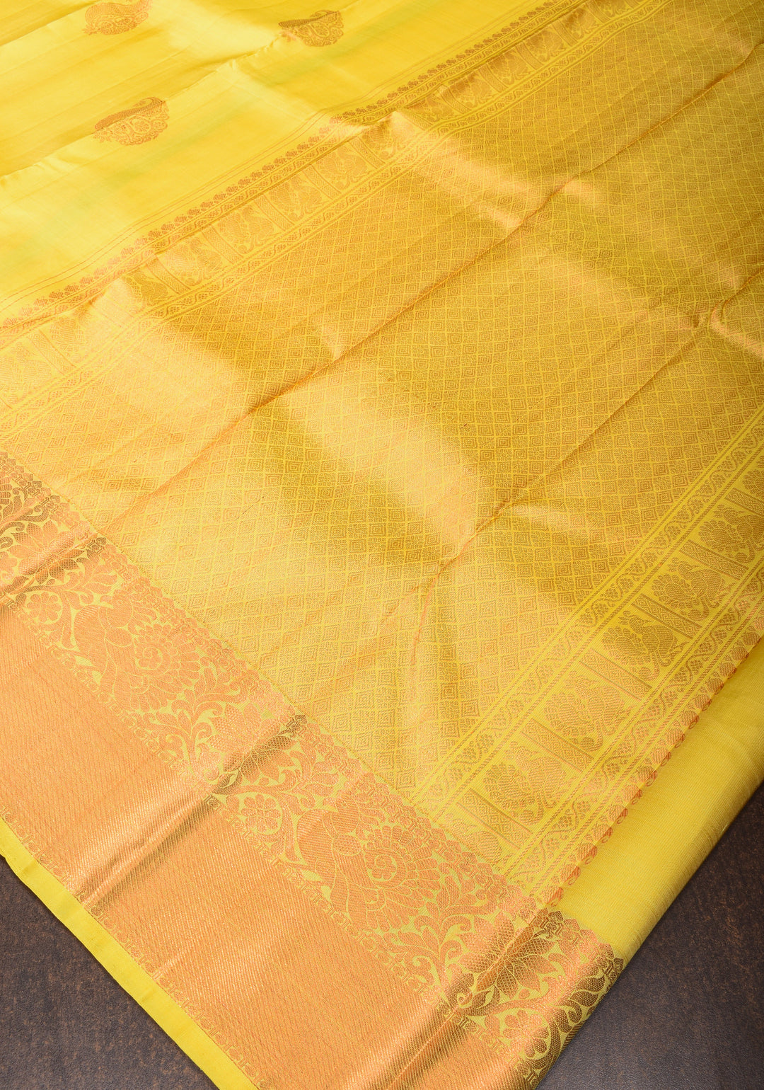 Exquisite Yellow Kanjivaram Silk Saree with Paisley Motifs and Zari Border | SILK MARK CERTIFIED