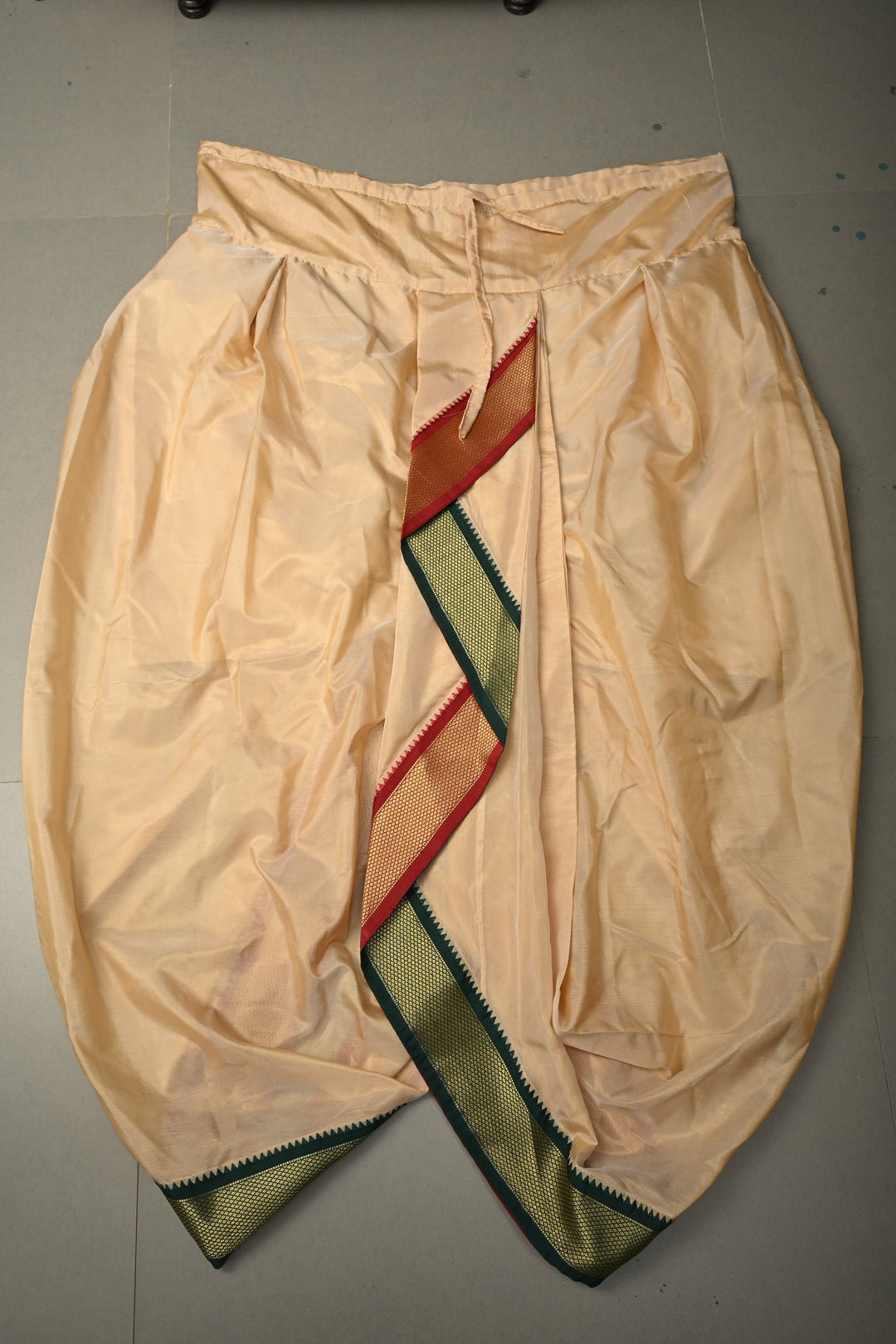 Beige Stitched Dhoti with Ganga Jamuna Border  and Angavastram, Customizable, Made to Order | SHOBITAM