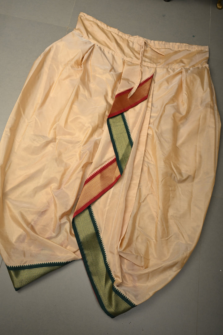 Beige Stitched Dhoti with Ganga Jamuna Border  and Angavastram, Customizable, Made to Order | SHOBITAM
