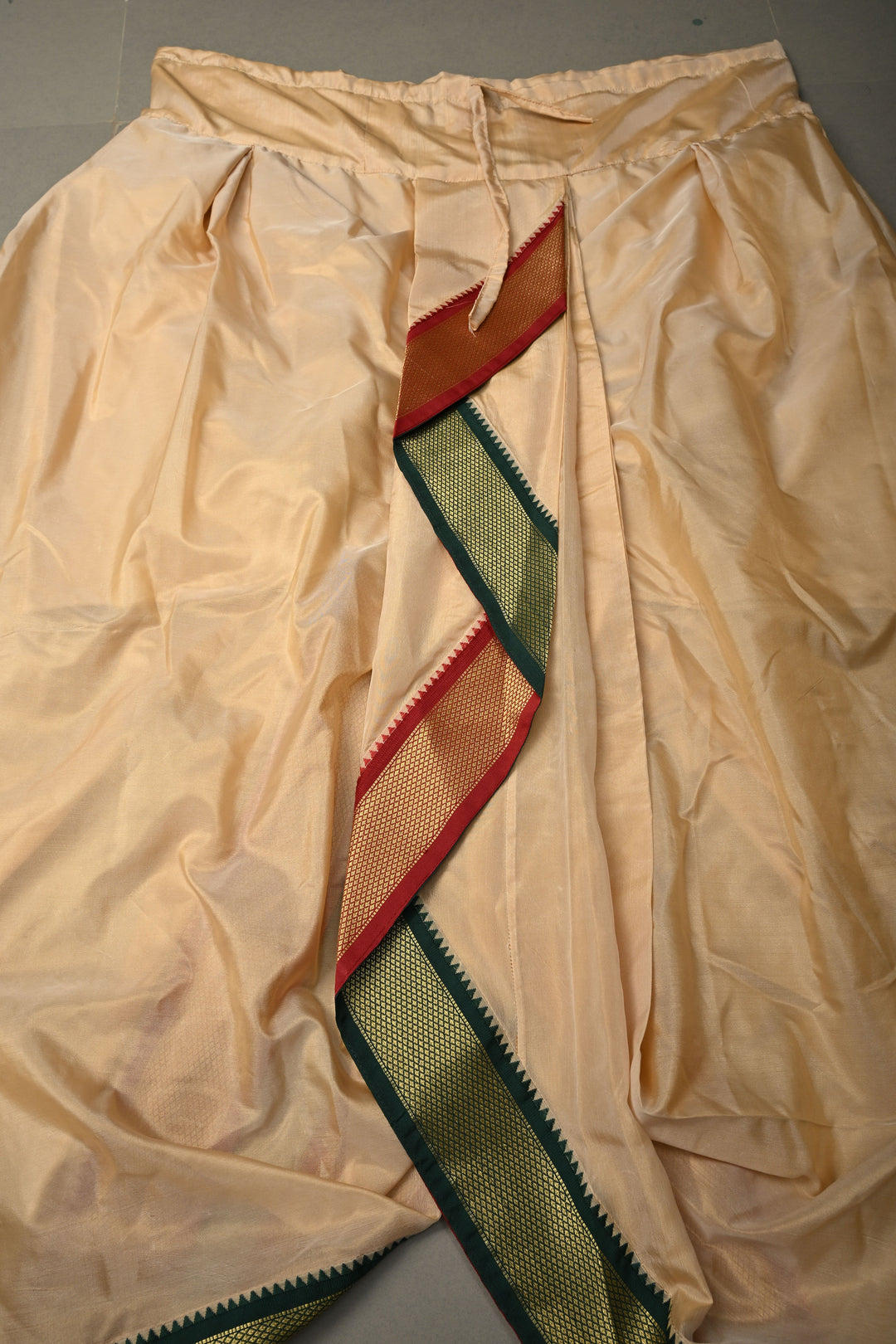 Beige Stitched Dhoti with Ganga Jamuna Border  and Angavastram, Customizable, Made to Order | SHOBITAM
