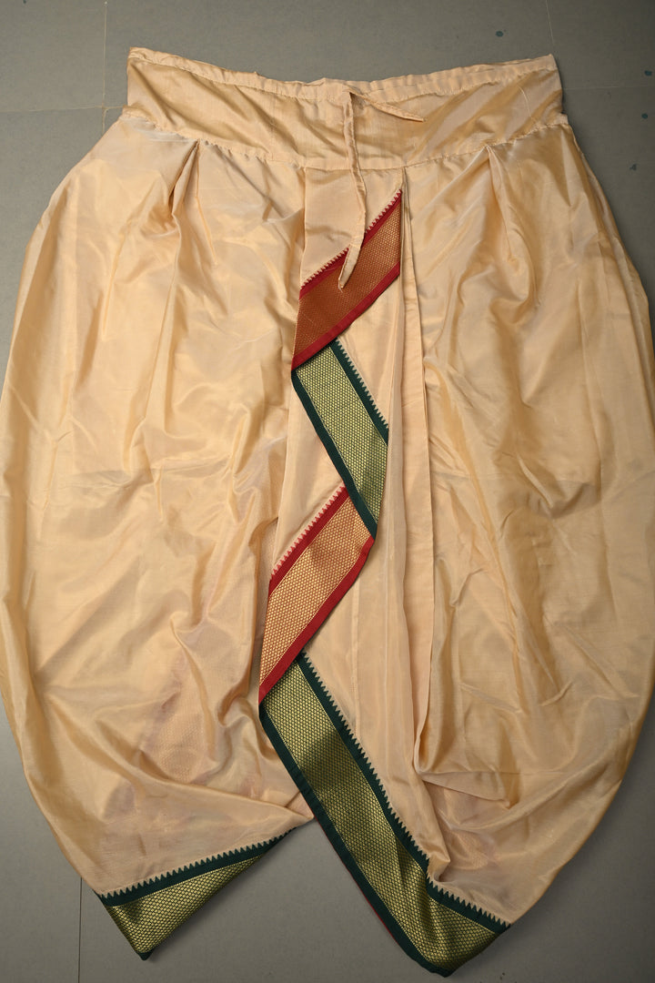 Beige Stitched Dhoti with Ganga Jamuna Border  and Angavastram, Customizable, Made to Order | SHOBITAM