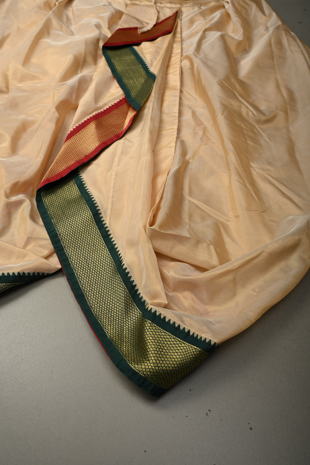 Beige Stitched Dhoti with Ganga Jamuna Border  and Angavastram, Customizable, Made to Order | SHOBITAM