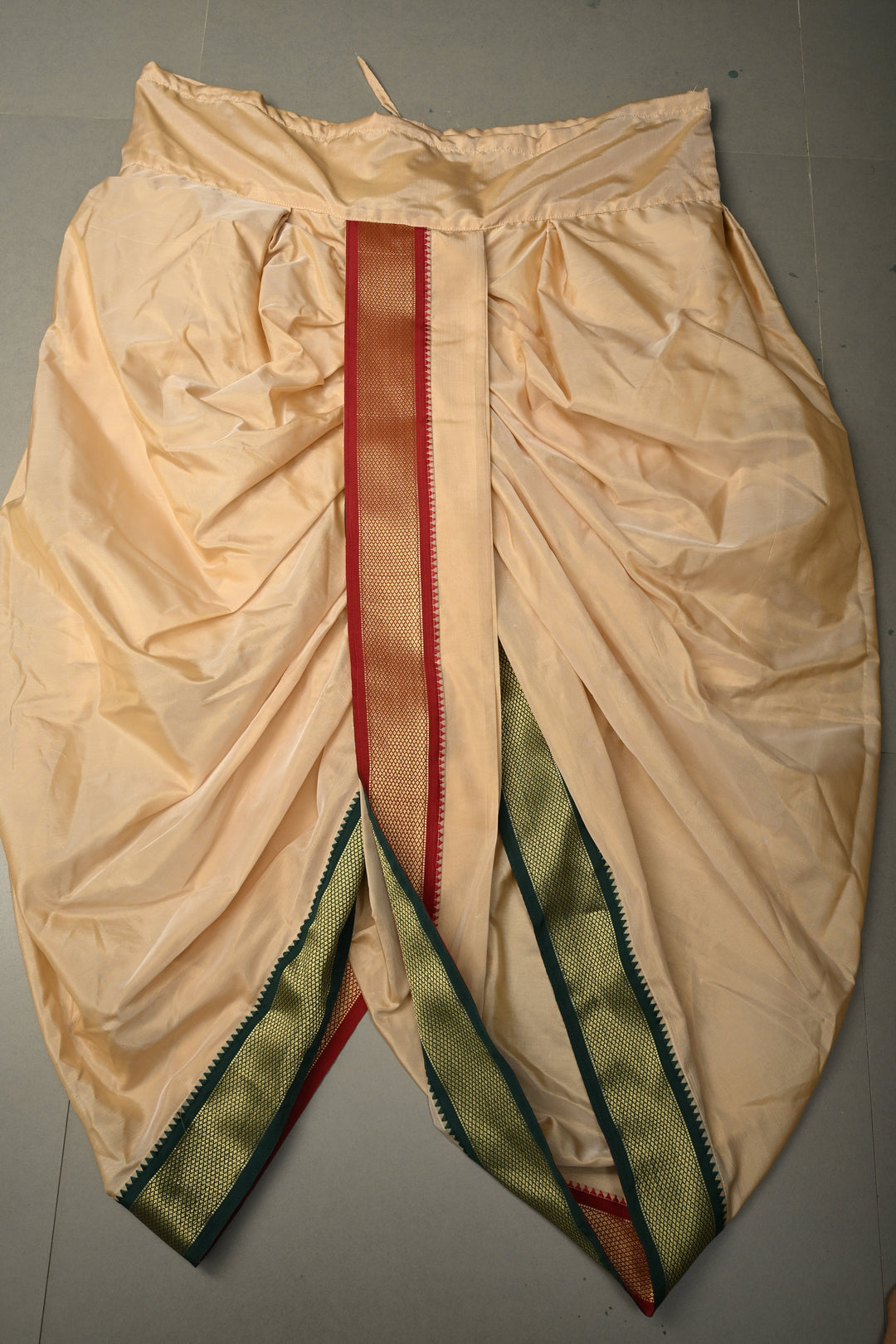 Beige Stitched Dhoti with Ganga Jamuna Border  and Angavastram, Customizable, Made to Order | SHOBITAM