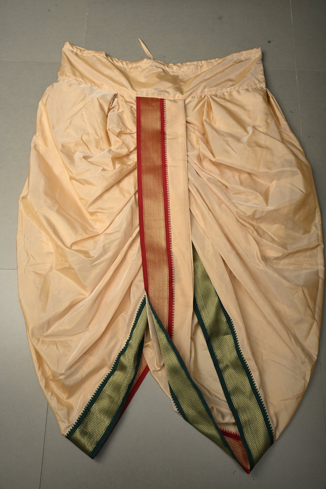 Beige Stitched Dhoti with Ganga Jamuna Border  and Angavastram, Customizable, Made to Order | SHOBITAM