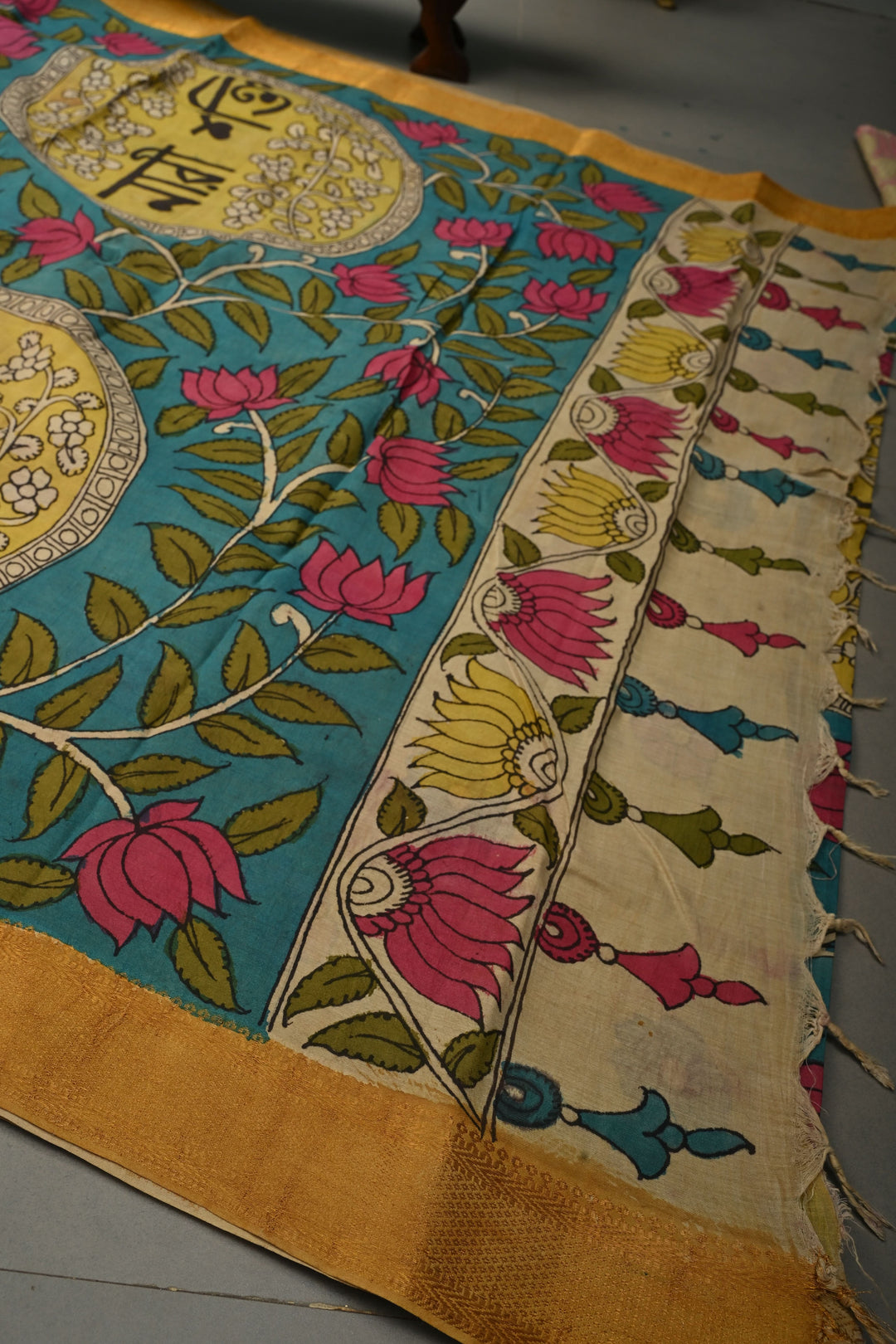 Nari Shakti Theme : Turquoise Authentic Pen kalamkari on Bangalore Silk Saree with Floral Jaal and Zari Border | SHOBITAM