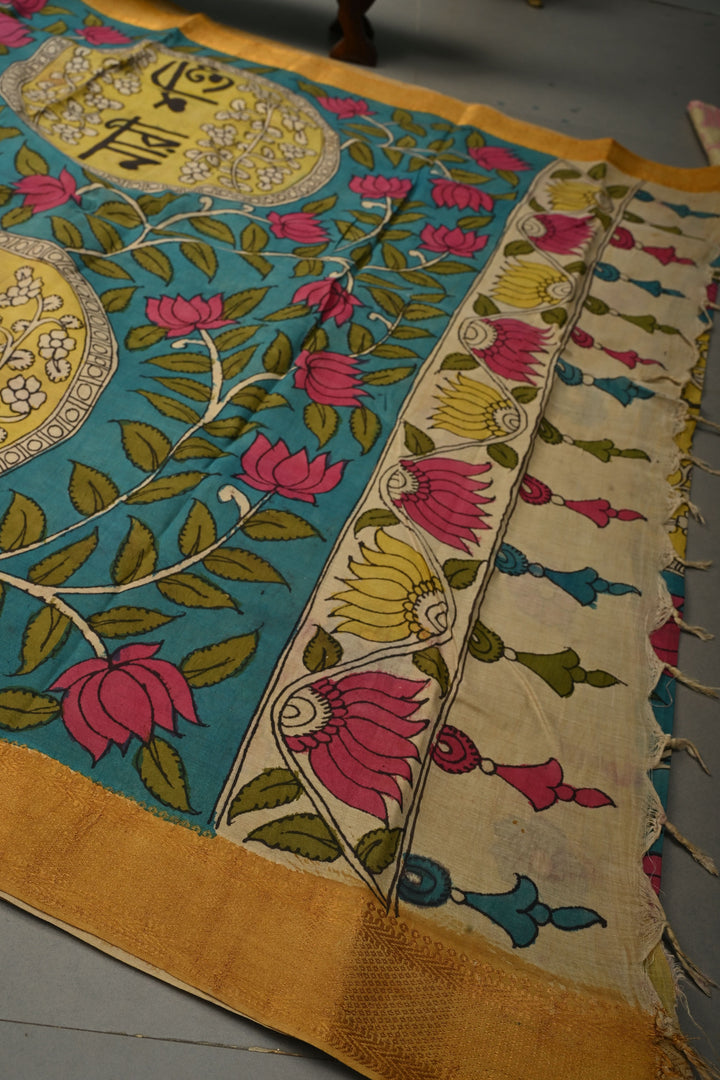 Nari Shakti Theme : Turquoise Authentic Pen kalamkari on Bangalore Silk Saree with Floral Jaal and Zari Border | SHOBITAM