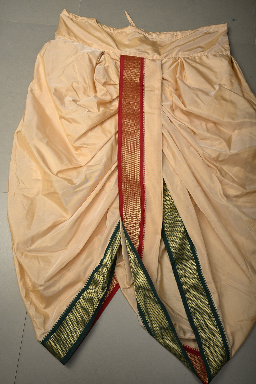 Beige Stitched Dhoti with Ganga Jamuna Border  and Angavastram, Customizable, Made to Order | SHOBITAM