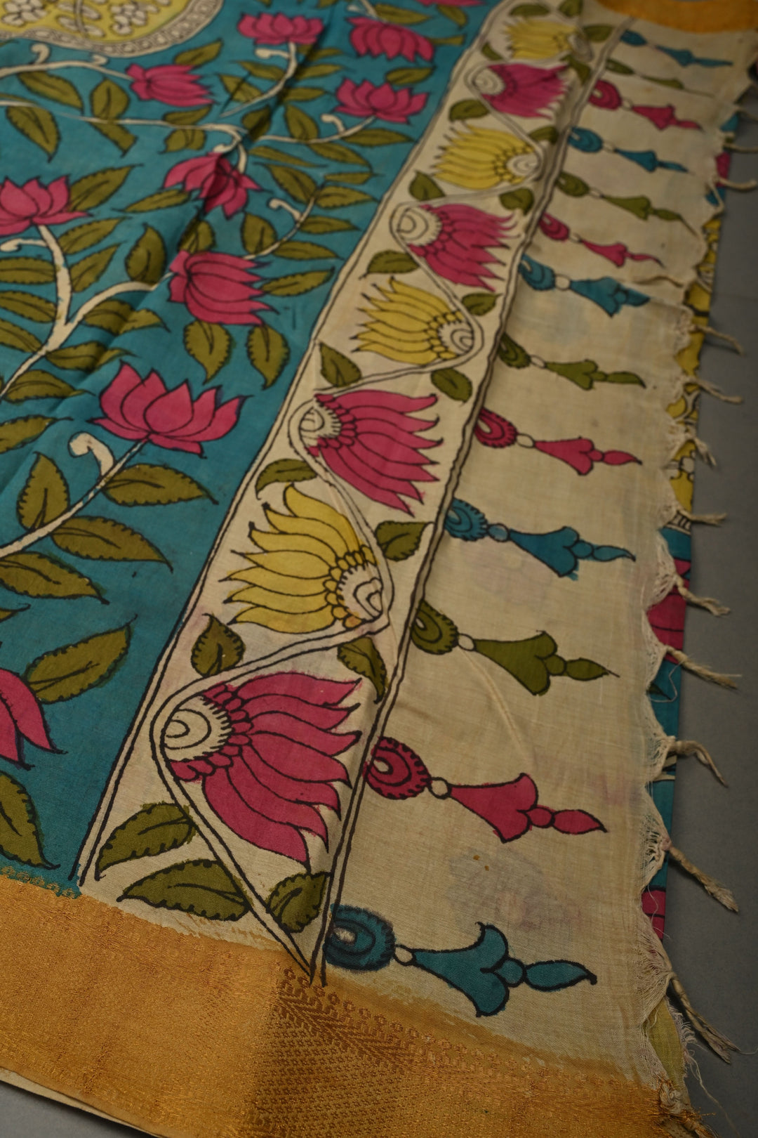 Nari Shakti Theme : Turquoise Authentic Pen kalamkari on Bangalore Silk Saree with Floral Jaal and Zari Border | SHOBITAM