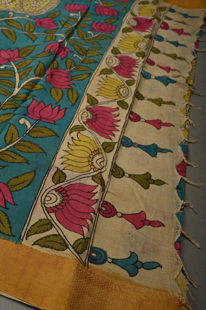 Nari Shakti Theme : Turquoise Authentic Pen kalamkari on Bangalore Silk Saree with Floral Jaal and Zari Border | SHOBITAM