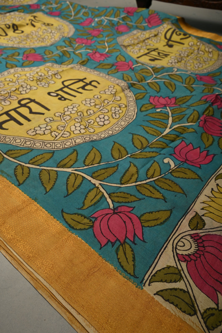 Nari Shakti Theme : Turquoise Authentic Pen kalamkari on Bangalore Silk Saree with Floral Jaal and Zari Border | SHOBITAM