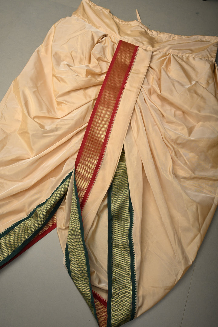 Beige Stitched Dhoti with Ganga Jamuna Border  and Angavastram, Customizable, Made to Order | SHOBITAM