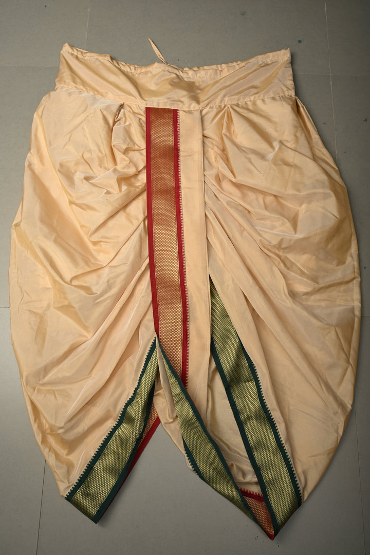 Beige Stitched Dhoti with Ganga Jamuna Border  and Angavastram, Customizable, Made to Order | SHOBITAM