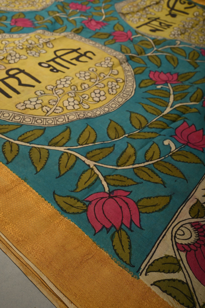 Nari Shakti Theme : Turquoise Authentic Pen kalamkari on Bangalore Silk Saree with Floral Jaal and Zari Border | SHOBITAM