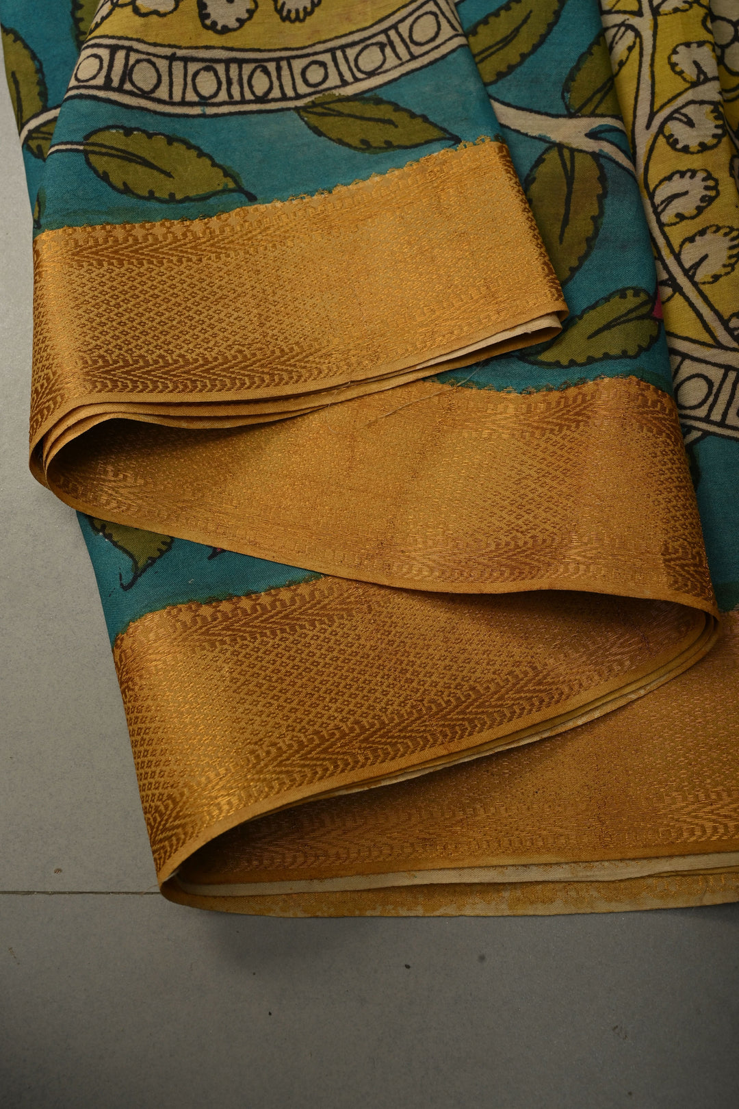 Nari Shakti Theme : Turquoise Authentic Pen kalamkari on Bangalore Silk Saree with Floral Jaal and Zari Border | SHOBITAM