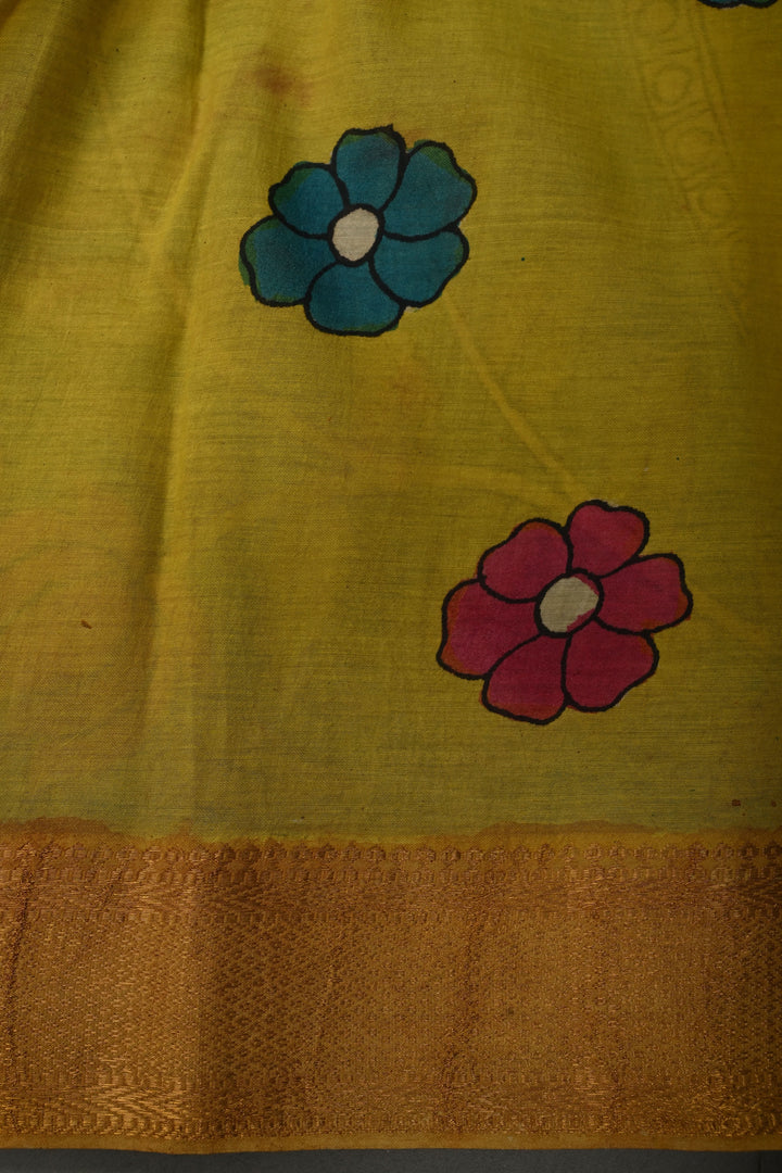 Nari Shakti Theme : Turquoise Authentic Pen kalamkari on Bangalore Silk Saree with Floral Jaal and Zari Border | SHOBITAM