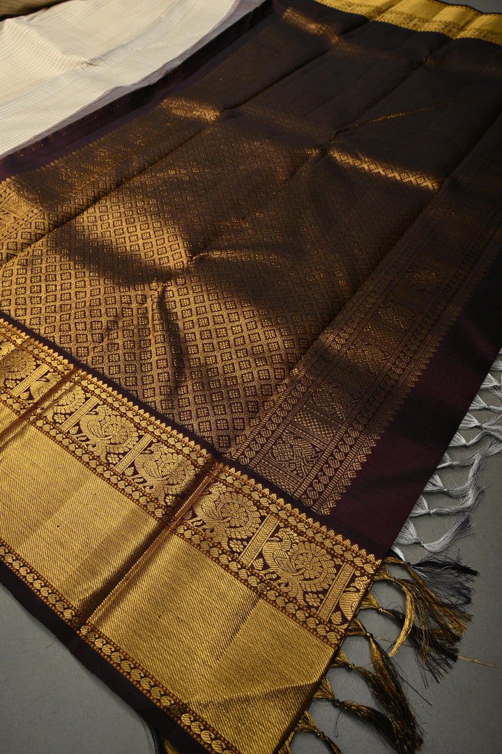 Ivory Korvai Kanjivaram Pure Silk Saree with Podi-Kattam Checks and Betel Nut Brown Contrast Zari Border | SILK MARK CERTIFIED | SHOBITAM