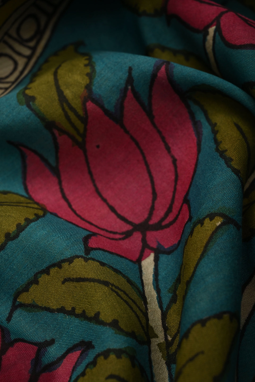 Nari Shakti Theme : Turquoise Authentic Pen kalamkari on Bangalore Silk Saree with Floral Jaal and Zari Border | SHOBITAM