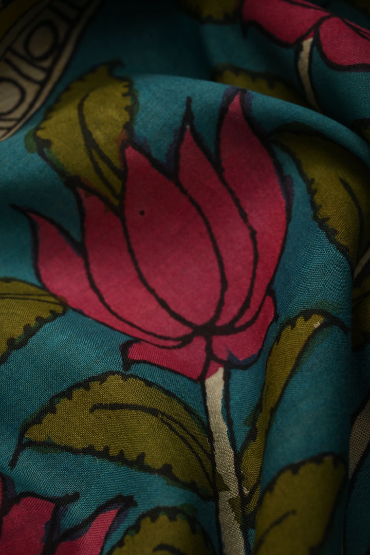 Nari Shakti Theme : Turquoise Authentic Pen kalamkari on Bangalore Silk Saree with Floral Jaal and Zari Border | SHOBITAM