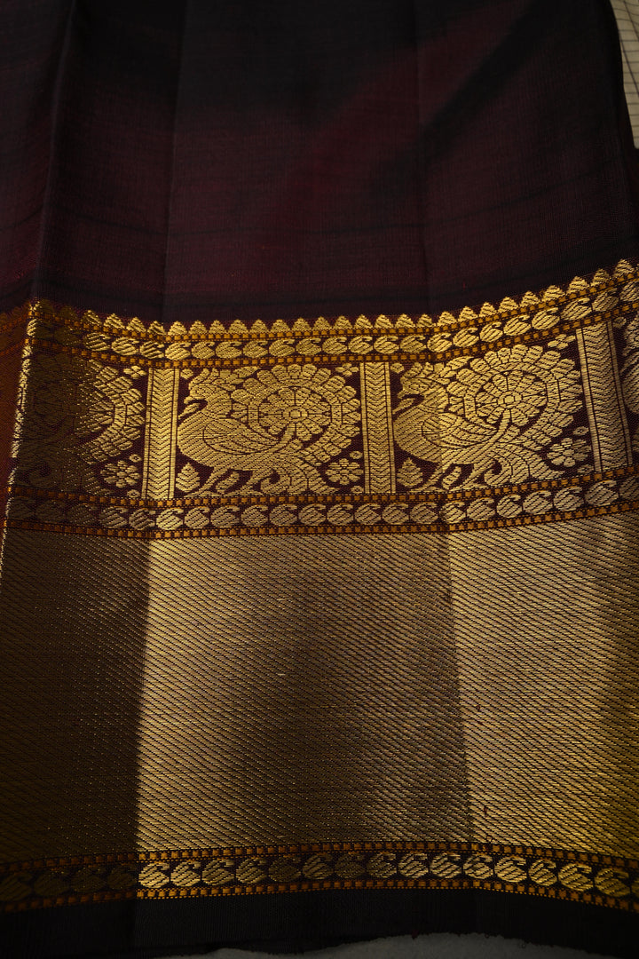 Ivory Korvai Kanjivaram Pure Silk Saree with Podi-Kattam Checks and Betel Nut Brown Contrast Zari Border | SILK MARK CERTIFIED | SHOBITAM