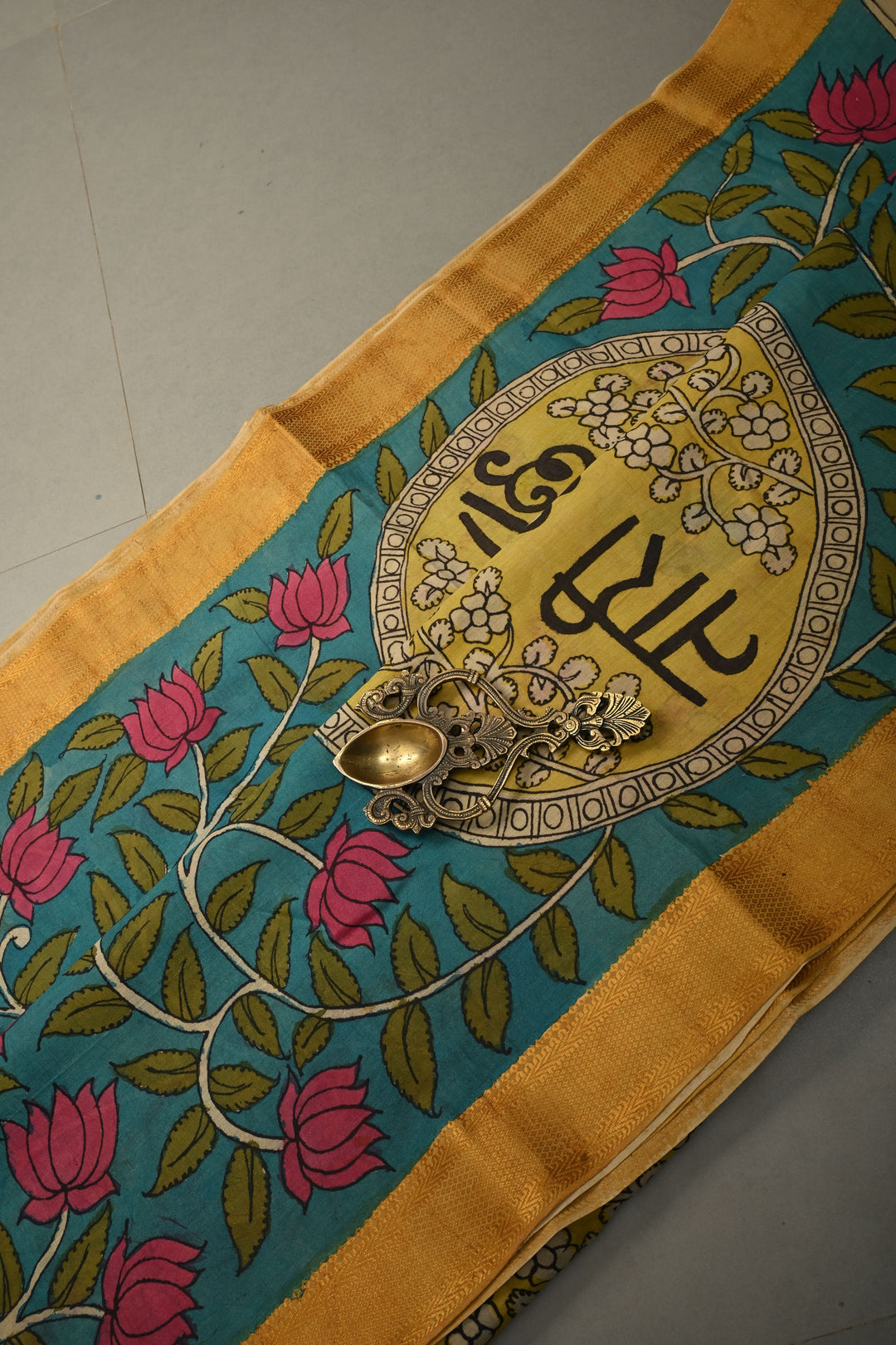Nari Shakti Theme : Turquoise Authentic Pen kalamkari on Bangalore Silk Saree with Floral Jaal and Zari Border | SHOBITAM