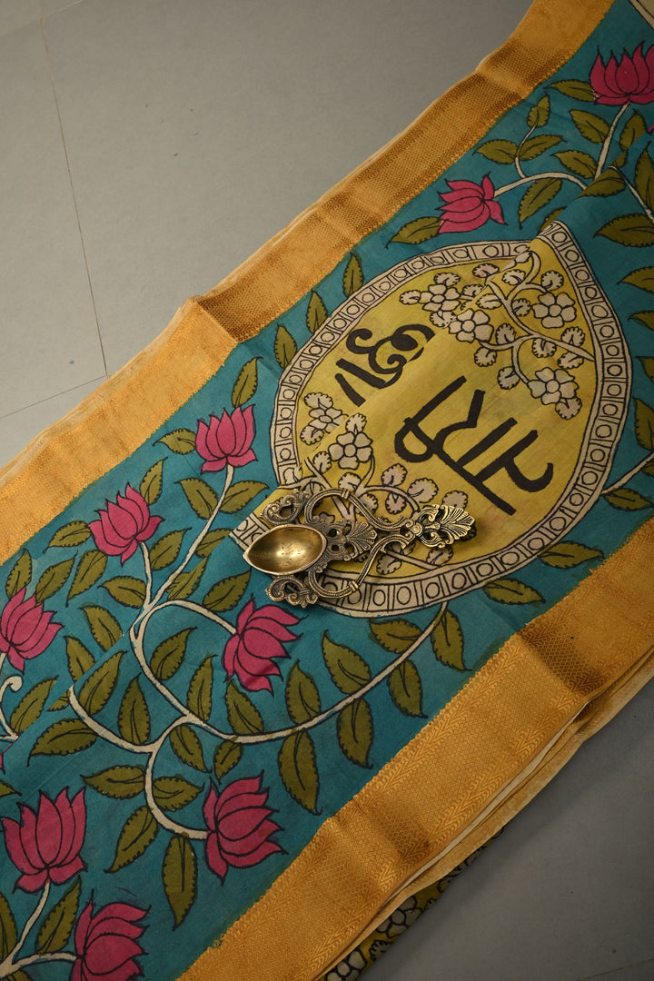 Nari Shakti Theme : Turquoise Authentic Pen kalamkari on Bangalore Silk Saree with Floral Jaal and Zari Border | SHOBITAM