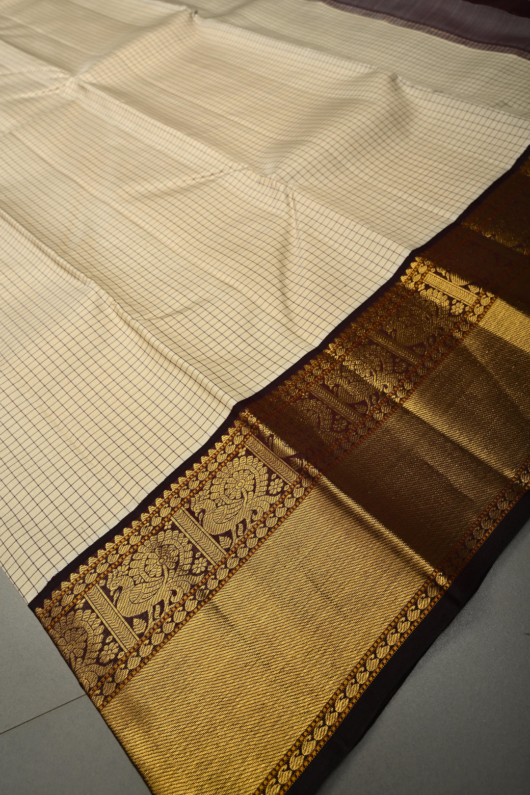 Ivory Korvai Kanjivaram Pure Silk Saree with Podi-Kattam Checks and Betel Nut Brown Contrast Zari Border | SILK MARK CERTIFIED | SHOBITAM