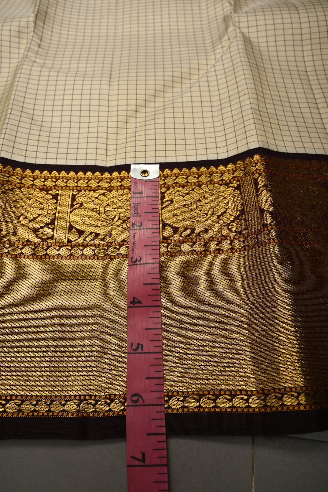 Ivory Korvai Kanjivaram Pure Silk Saree with Podi-Kattam Checks and Betel Nut Brown Contrast Zari Border | SILK MARK CERTIFIED | SHOBITAM