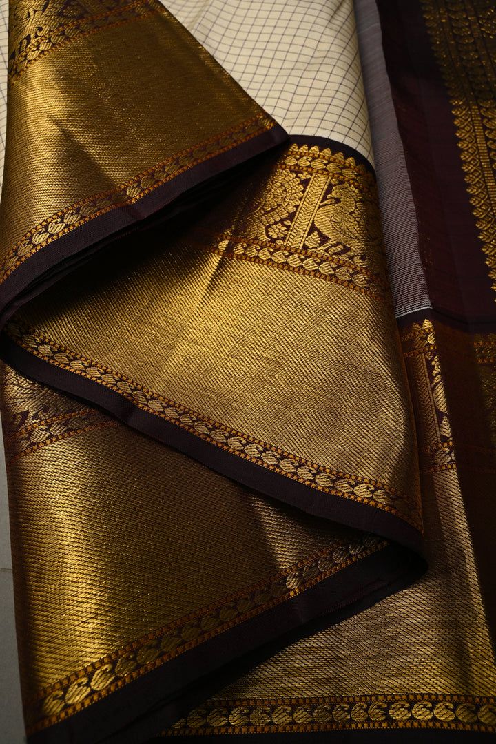 Ivory Korvai Kanjivaram Pure Silk Saree with Podi-Kattam Checks and Betel Nut Brown Contrast Zari Border | SILK MARK CERTIFIED | SHOBITAM
