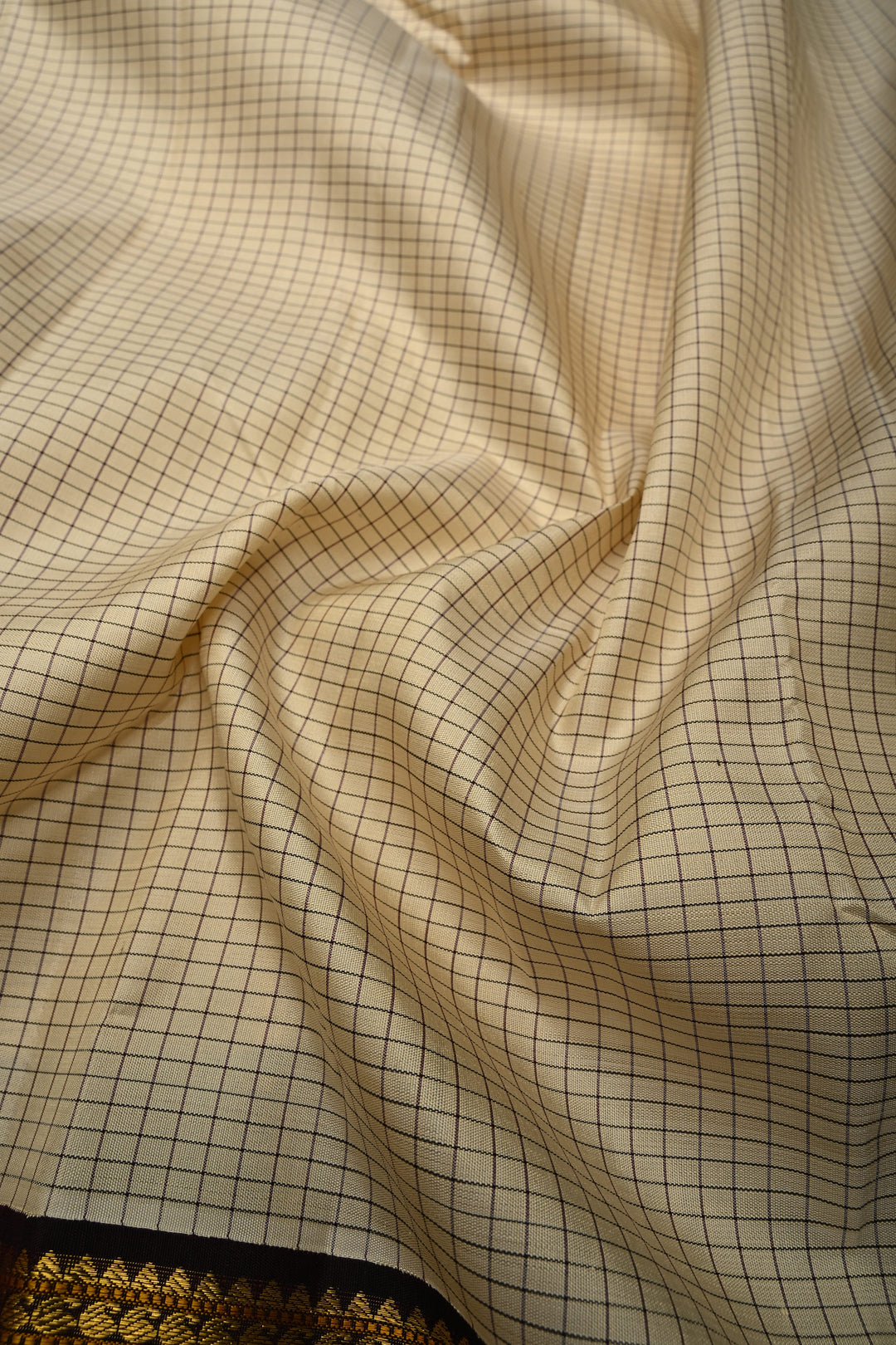 Ivory Korvai Kanjivaram Pure Silk Saree with Podi-Kattam Checks and Betel Nut Brown Contrast Zari Border | SILK MARK CERTIFIED | SHOBITAM