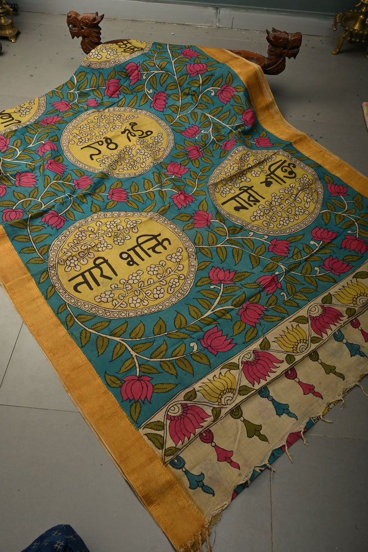 Nari Shakti Theme : Turquoise Authentic Pen kalamkari on Bangalore Silk Saree with Floral Jaal and Zari Border | SHOBITAM