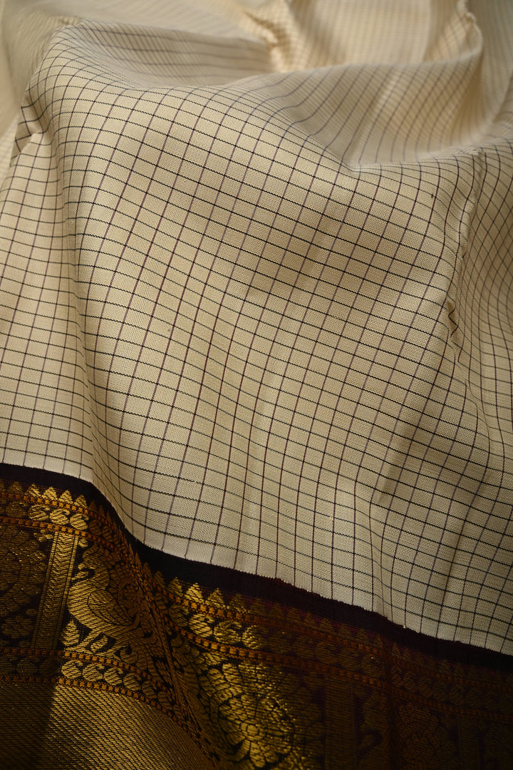 Ivory Korvai Kanjivaram Pure Silk Saree with Podi-Kattam Checks and Betel Nut Brown Contrast Zari Border | SILK MARK CERTIFIED | SHOBITAM
