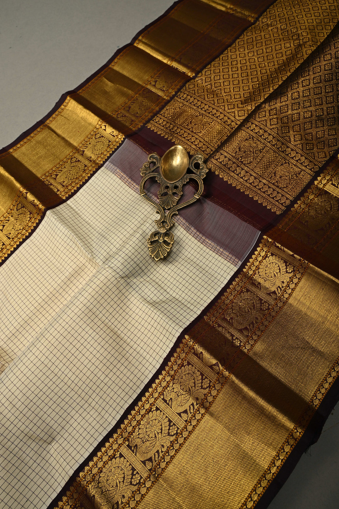 Ivory Korvai Kanjivaram Pure Silk Saree with Podi-Kattam Checks and Betel Nut Brown Contrast Zari Border | SILK MARK CERTIFIED | SHOBITAM