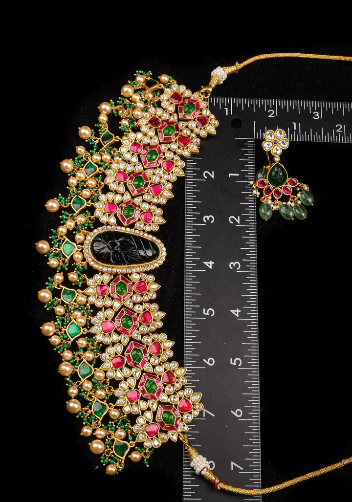 Traditional Jadau Kundan Choker Set With Dangling Pearls And Matching Earrings