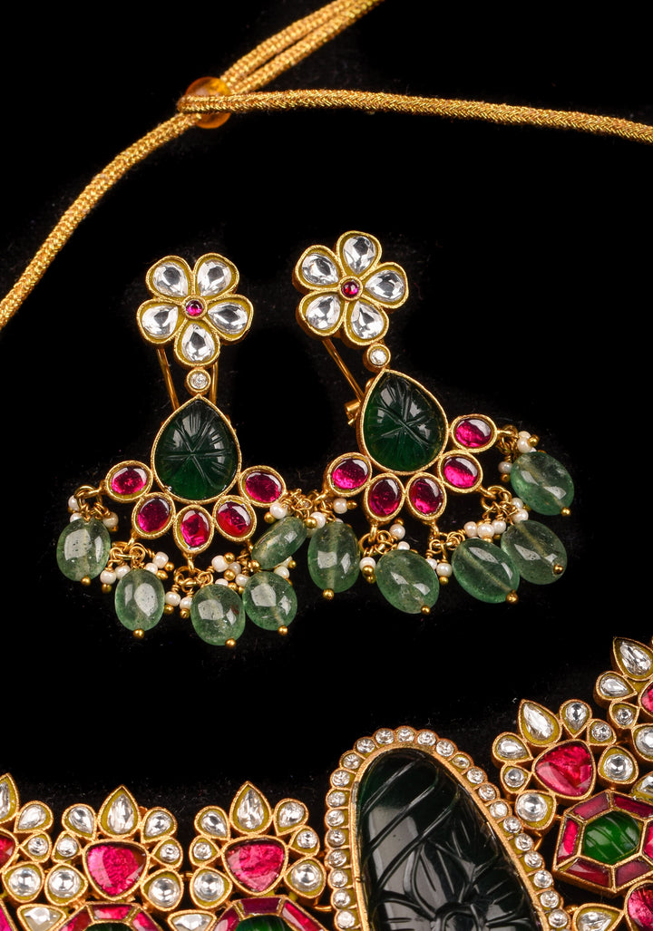 Traditional Jadau Kundan Choker Set With Dangling Pearls And Matching Earrings